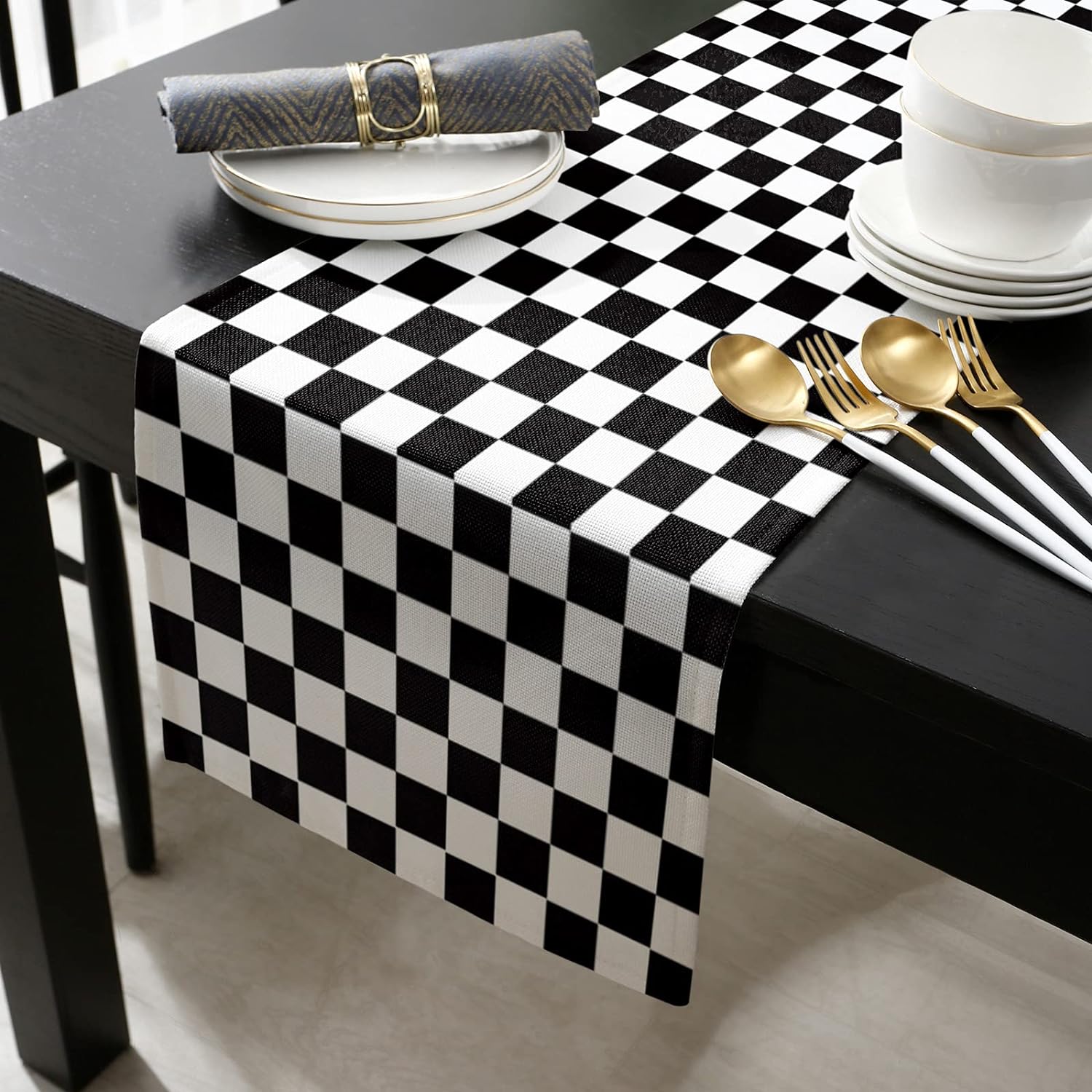 Taplak meja Linen kotak-kotak  - Kitchen Appliances In White ulasan dan harga